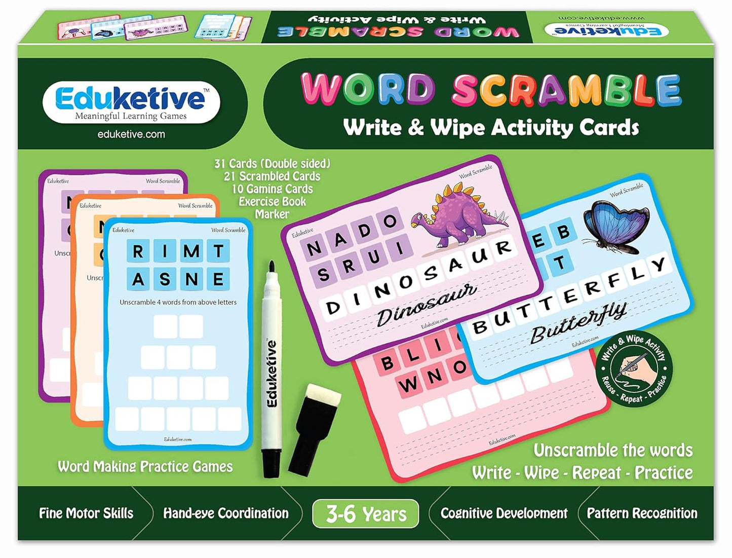 Arjoos | Eduketive - Word Scramble Write & Wipe Reusable Activity Cards | Writing Practice & Preschool Learning Educational Game with Exercise Book | Ages ( 3-9 yrs )