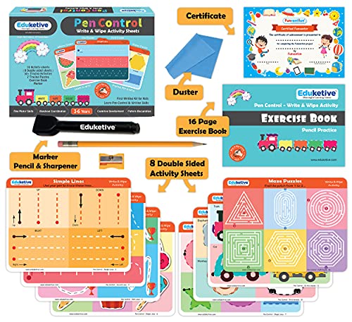 Arjoos | Eduketive - Pen Control Write & Wipe Reusable Activity Cards | Writing Practice & Preschool Learning Educational Game with Exercise Book | Ages ( 3-6 yrs )