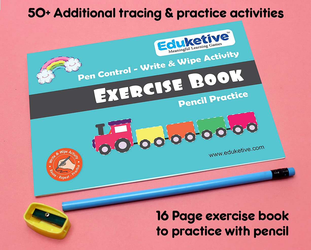 Arjoos | Eduketive - Pen Control Write & Wipe Reusable Activity Cards | Writing Practice & Preschool Learning Educational Game with Exercise Book | Ages ( 3-6 yrs )
