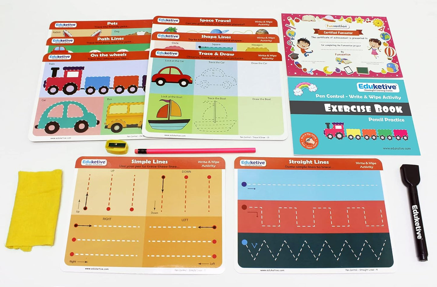 Arjoos | Eduketive - Pen Control Write & Wipe Reusable Activity Cards | Writing Practice & Preschool Learning Educational Game with Exercise Book | Ages ( 3-6 yrs )