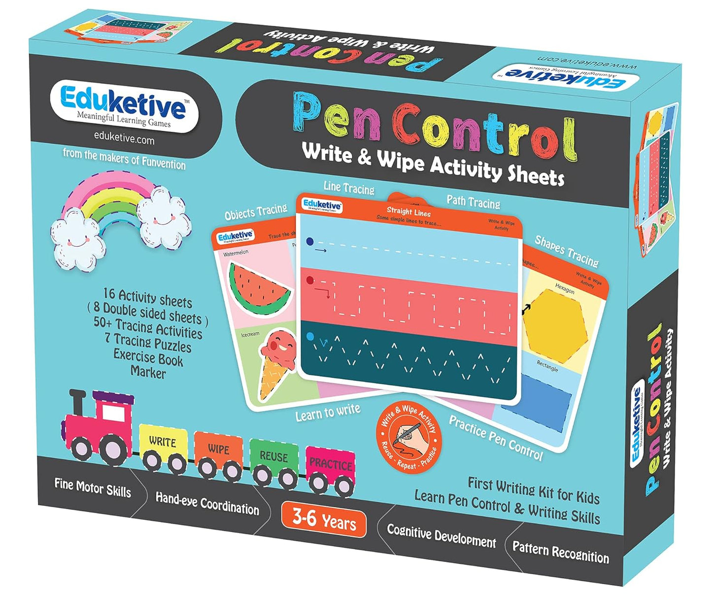 Arjoos | Eduketive - Pen Control Write & Wipe Reusable Activity Cards | Writing Practice & Preschool Learning Educational Game with Exercise Book | Ages ( 3-6 yrs )