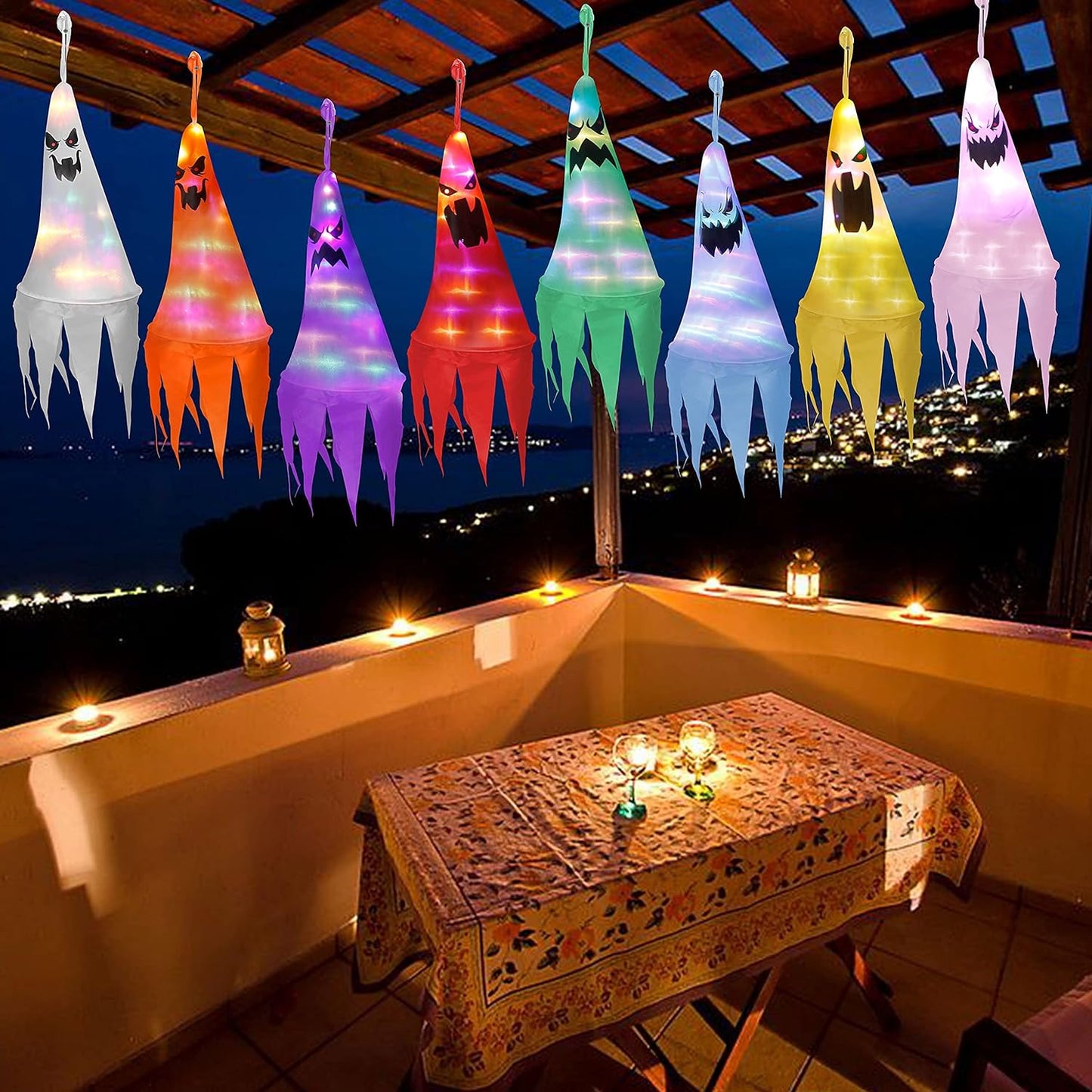 Arjoos | Halloween Decorations Hanging Lighted Ghost, Witch Hats with Battery Operated LED Hanging Decoration