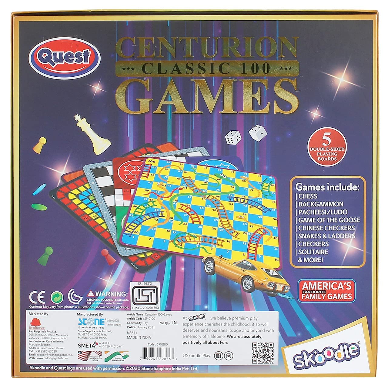 Arjoos | SKOODLE Quest Centurion 5 Double Sided 100 Classic Family Board Games - 3+Years , Multicolor .