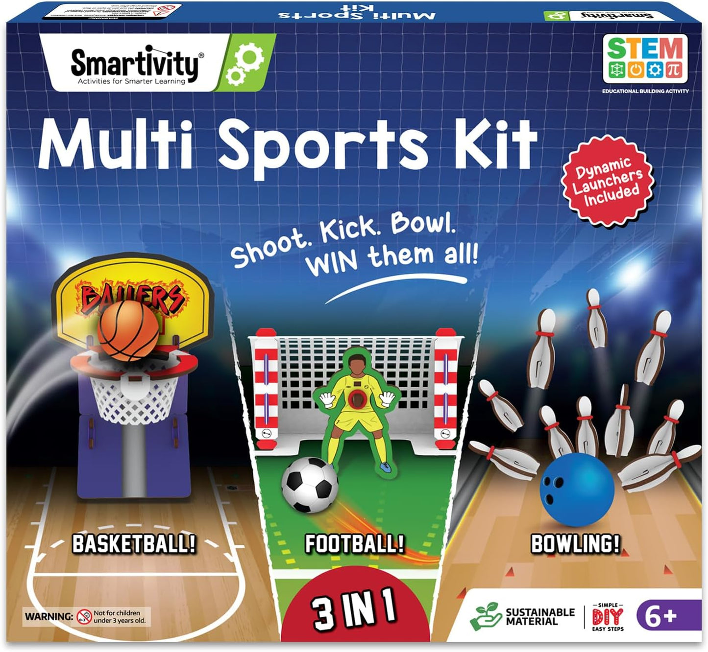 Arjoos | Smartivity Multi Sports Kit -(3 in 1 ) Sports Game | Basketball, Soccer, Bowling for Kids | DIY Science Toy for Kids | STEM Wooden Construction Game | Birthday Gifts for Boys & Girls - Ages ( 6 -14 yrs )