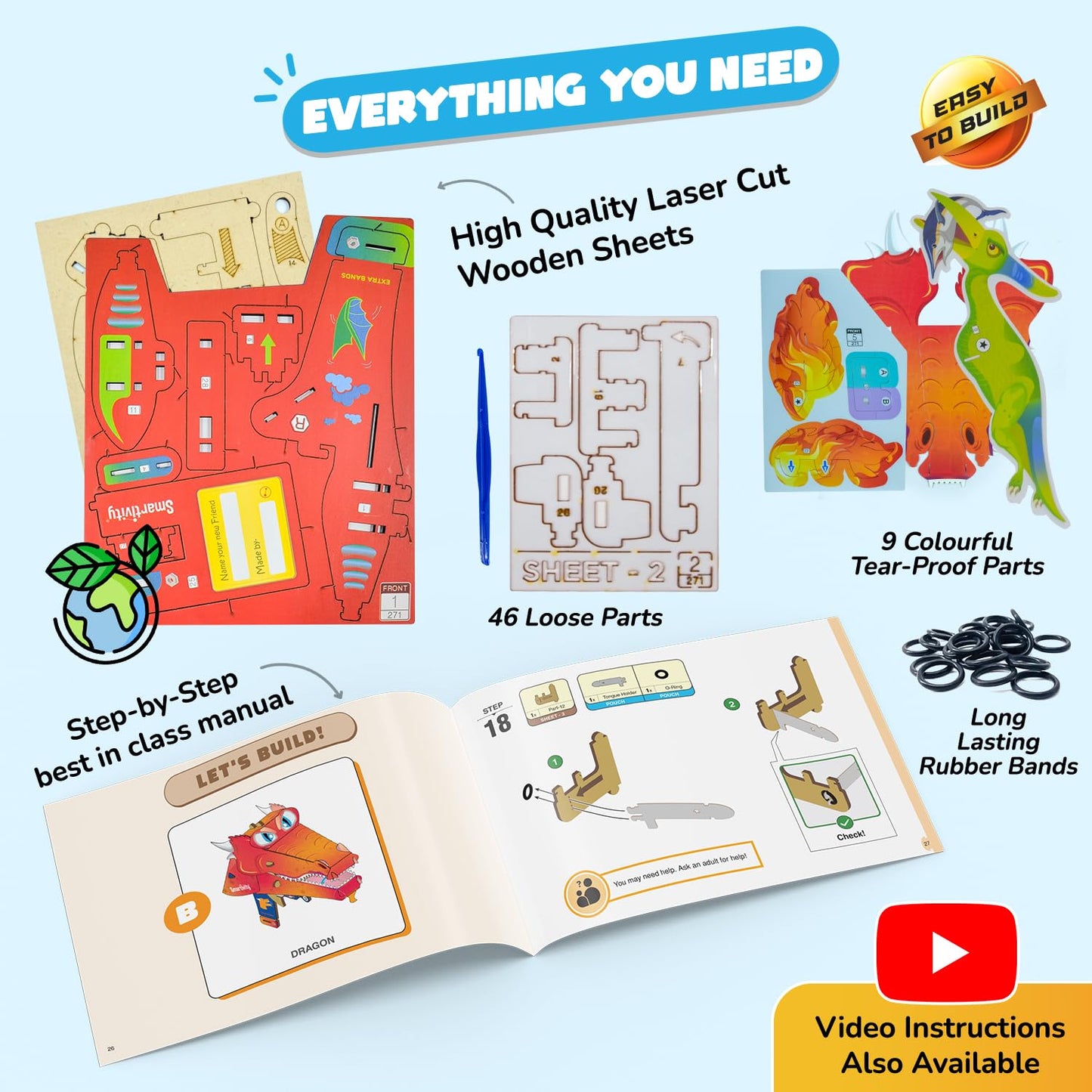 Arjoos | Smartivity Mech Beasts | Flying Dinosaur & Fire Dragon Action Toys for Kids | DIY Science Toy for Kids | STEM Wooden Construction Game | Birthday Gifts for Boys & Girls - Ages ( 6 -14 yrs )