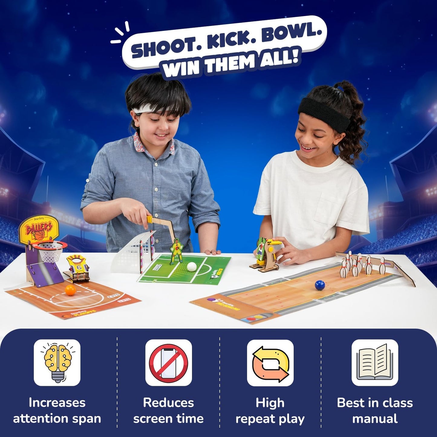 Arjoos | Smartivity Multi Sports Kit -(3 in 1 ) Sports Game | Basketball, Soccer, Bowling for Kids | DIY Science Toy for Kids | STEM Wooden Construction Game | Birthday Gifts for Boys & Girls - Ages ( 6 -14 yrs )