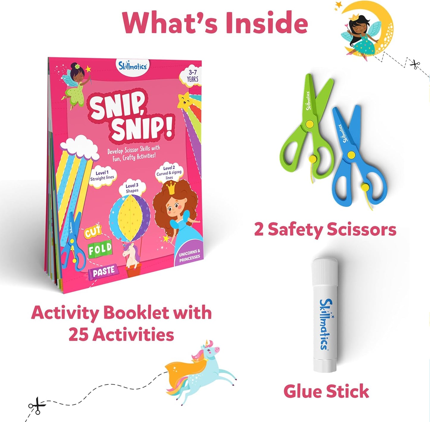 Arjoos | Skillmatics Art & Craft Kit - Snip, Snip Unicorns & Princesses | Develop Scissor Skills with Activity Book | Gifts for Toddlers , Girls & Boys (ages 3-9)