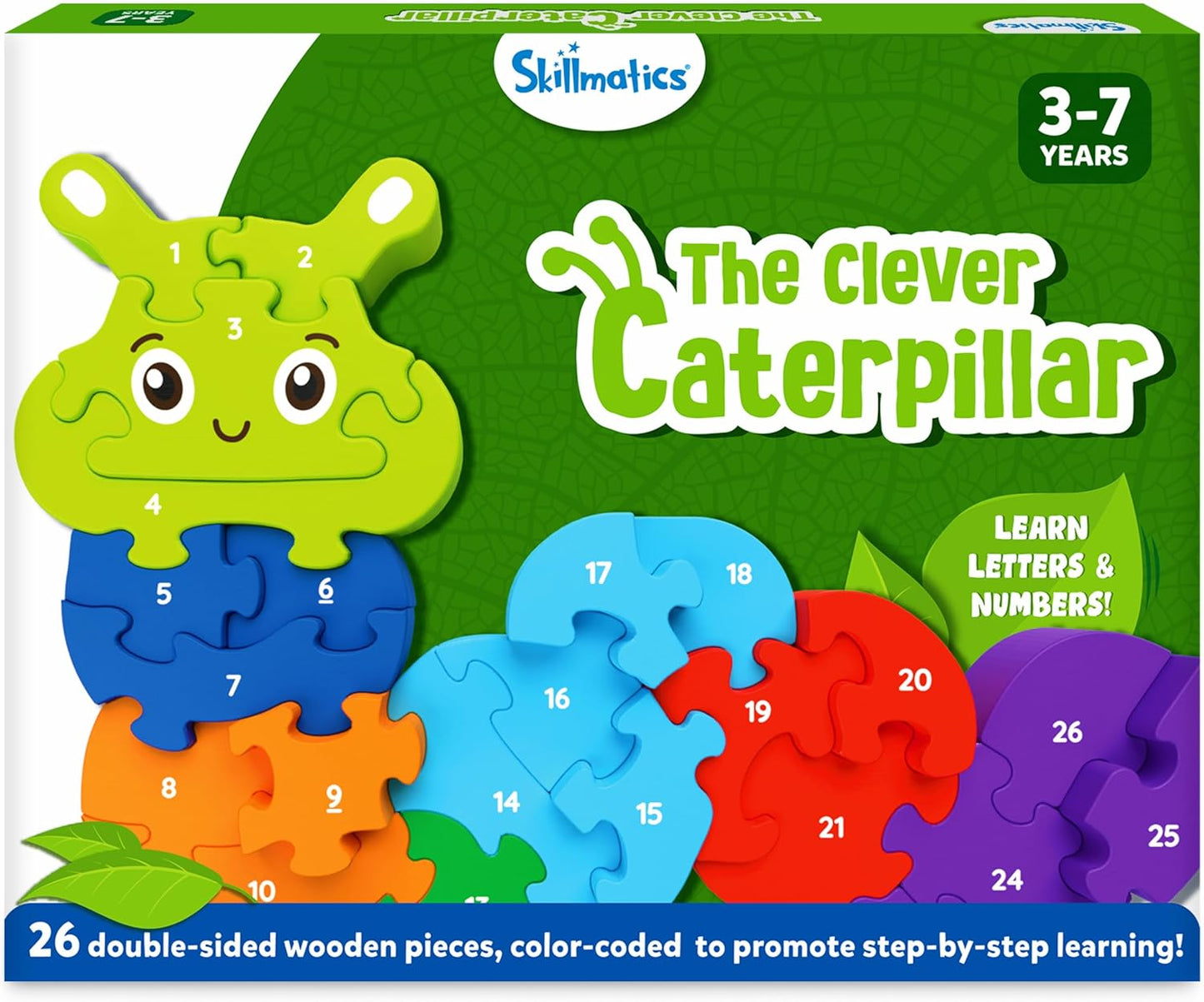 Arjoos | Skillmatics Wooden Puzzle - The Clever Caterpillar | 26 Doubled Sided Wooden Pieces | Gifts for Boys & Girls- (ages 3+)