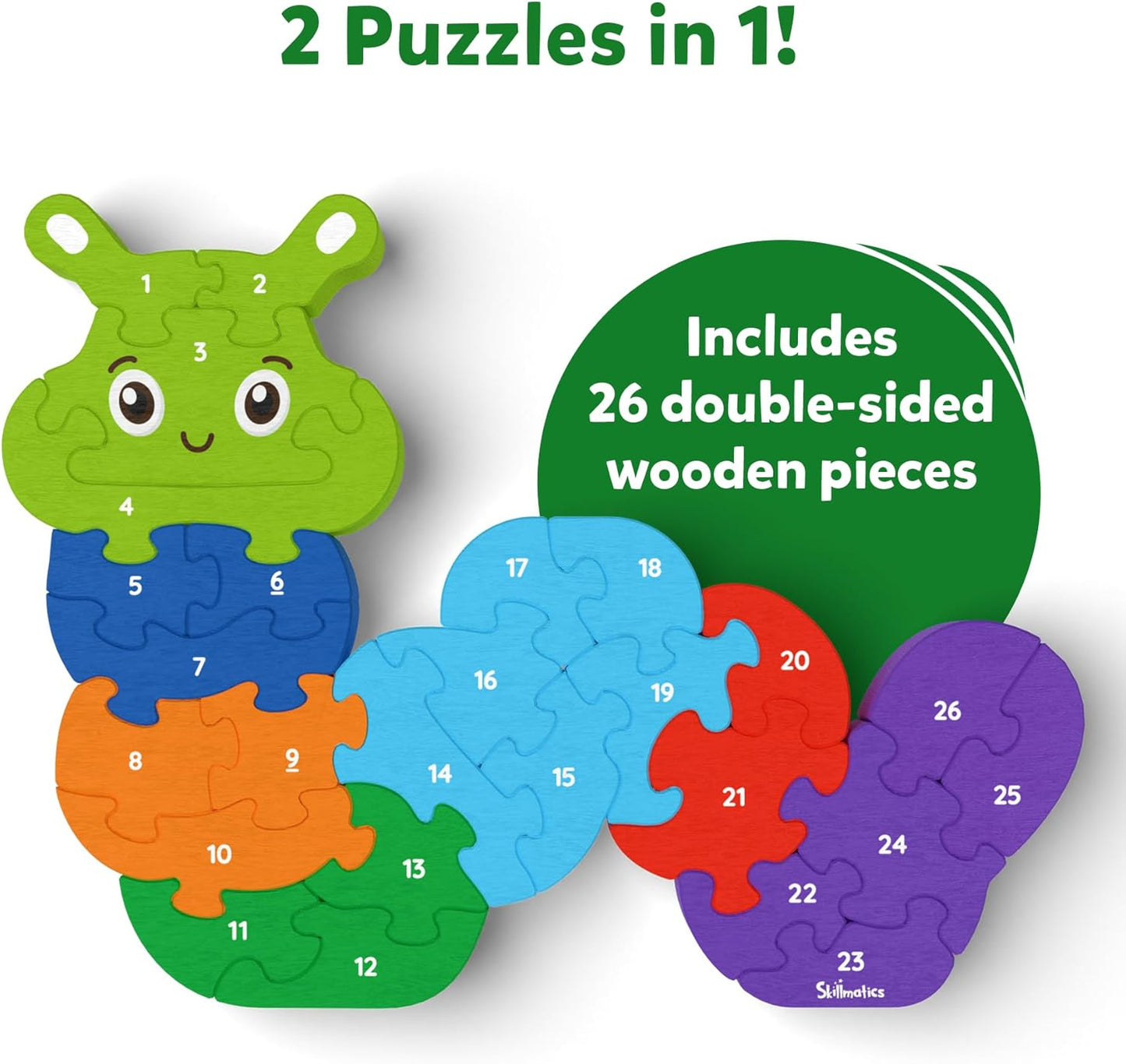 Arjoos | Skillmatics Wooden Puzzle - The Clever Caterpillar | 26 Doubled Sided Wooden Pieces | Gifts for Boys & Girls- (ages 3+)