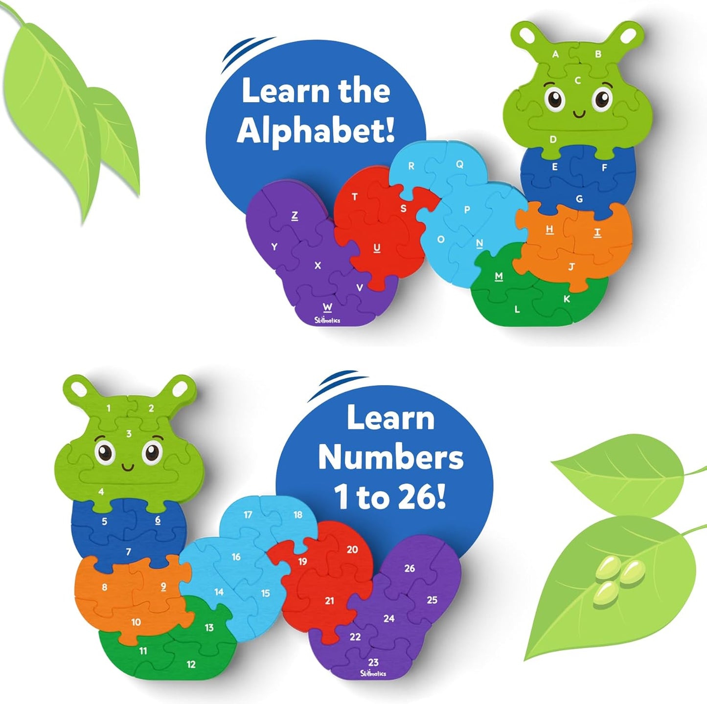 Arjoos | Skillmatics Wooden Puzzle - The Clever Caterpillar | 26 Doubled Sided Wooden Pieces | Gifts for Boys & Girls- (ages 3+)