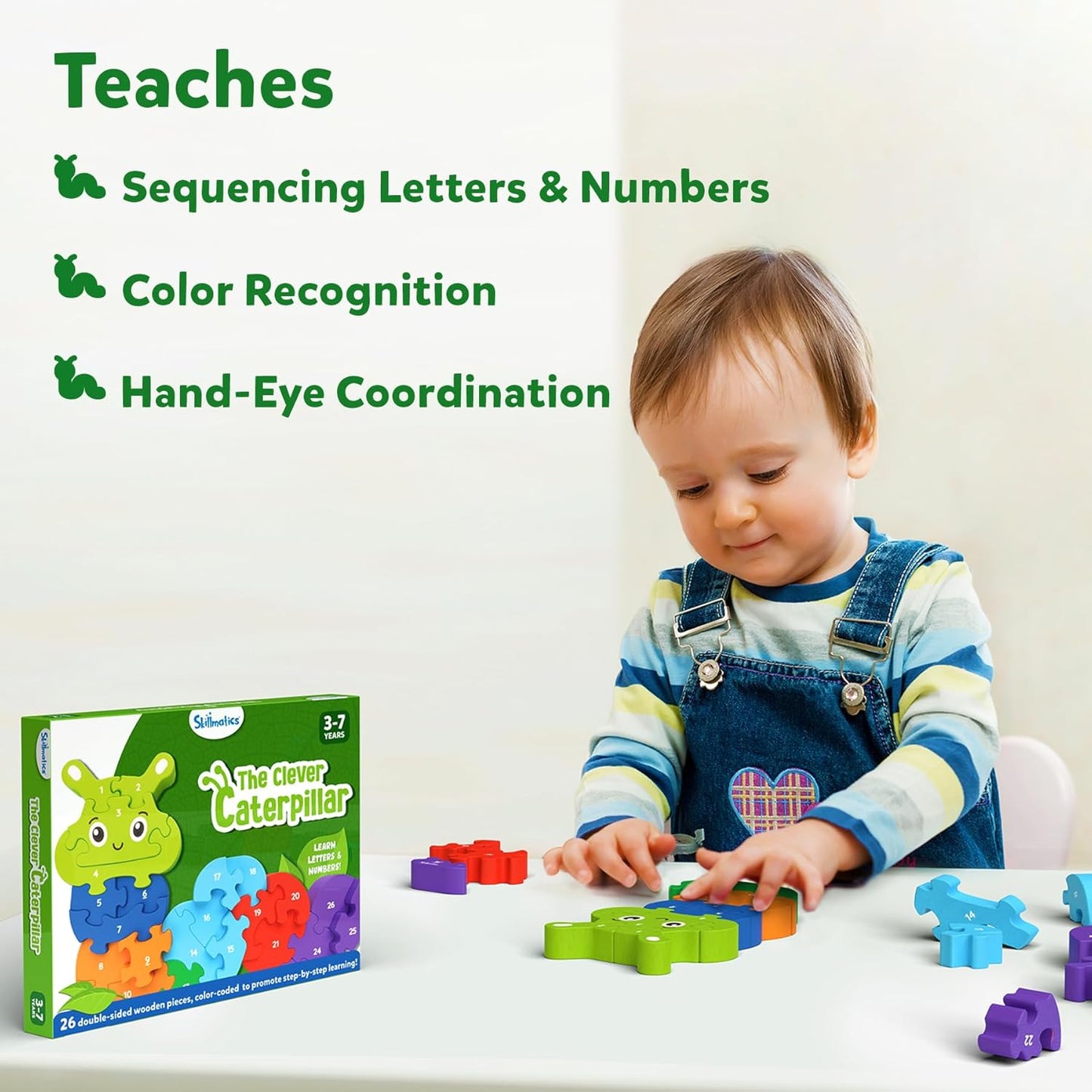 Arjoos | Skillmatics Wooden Puzzle - The Clever Caterpillar | 26 Doubled Sided Wooden Pieces | Gifts for Boys & Girls- (ages 3+)