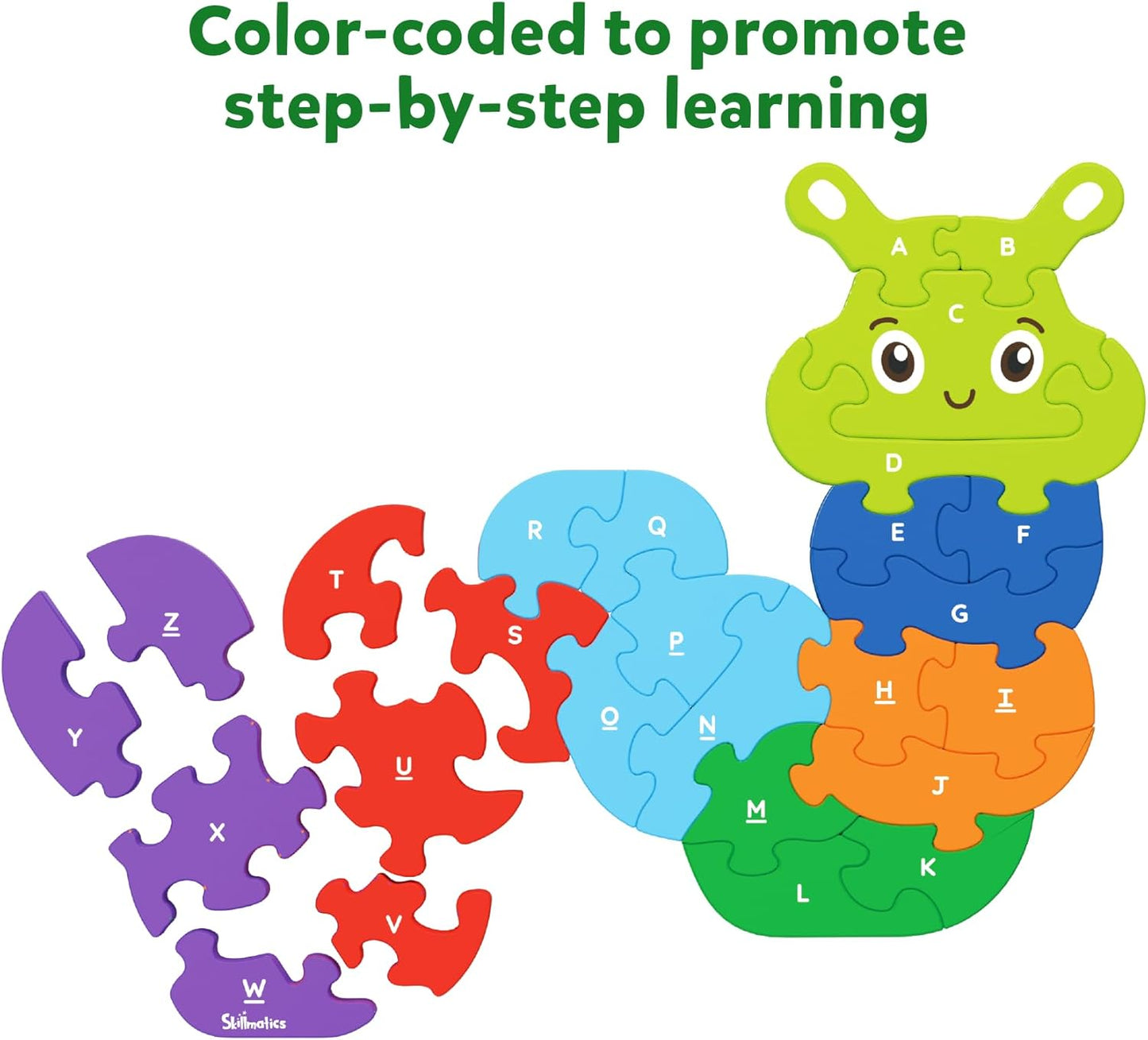 Arjoos | Skillmatics Wooden Puzzle - The Clever Caterpillar | 26 Doubled Sided Wooden Pieces | Gifts for Boys & Girls- (ages 3+)