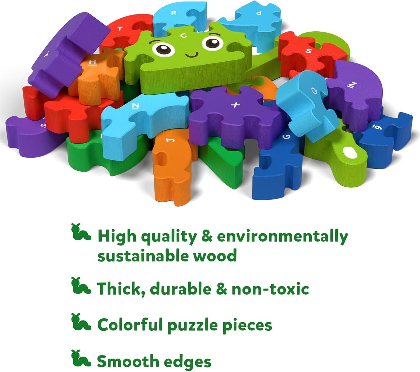 Arjoos | Skillmatics Wooden Puzzle - The Clever Caterpillar | 26 Doubled Sided Wooden Pieces | Gifts for Boys & Girls- (ages 3+)
