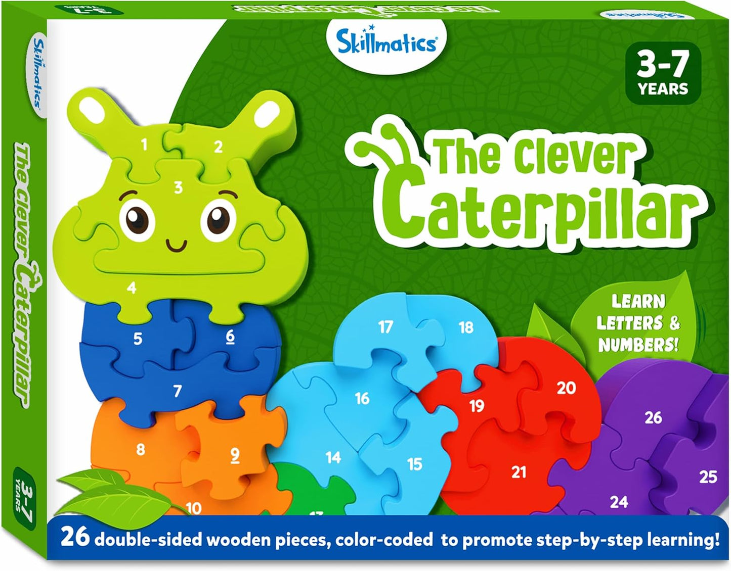 Arjoos | Skillmatics Wooden Puzzle - The Clever Caterpillar | 26 Doubled Sided Wooden Pieces | Gifts for Boys & Girls- (ages 3+)