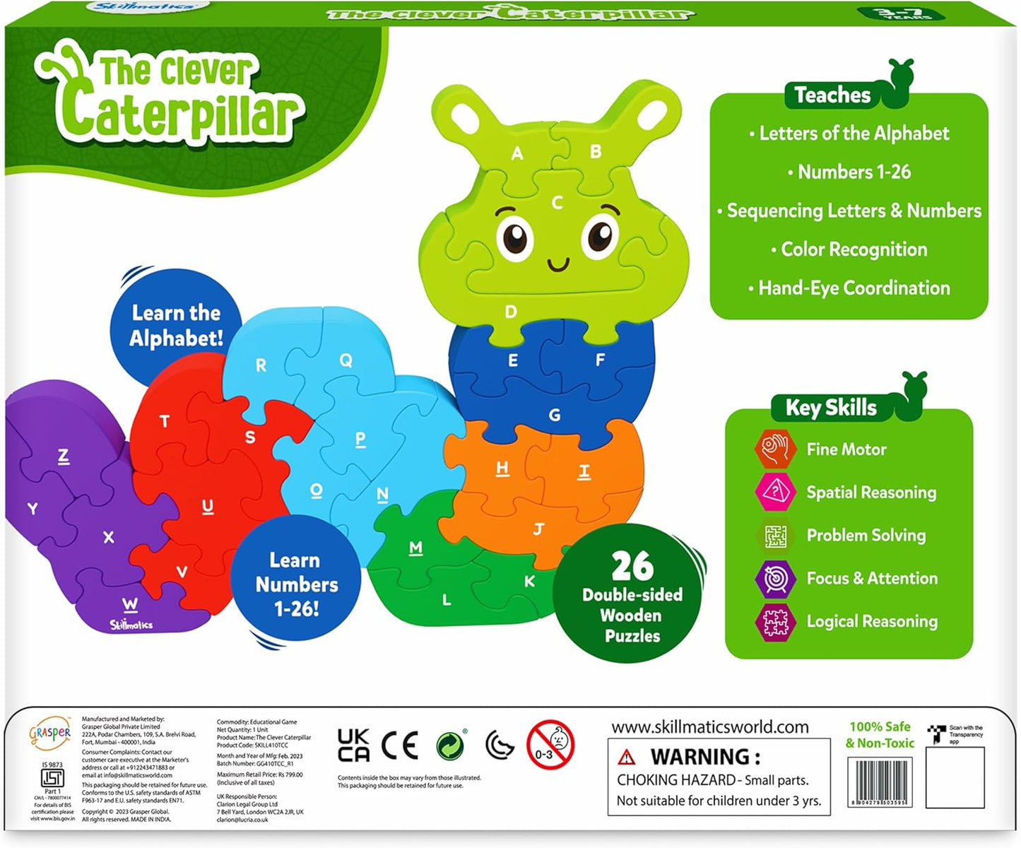 Arjoos | Skillmatics Wooden Puzzle - The Clever Caterpillar | 26 Doubled Sided Wooden Pieces | Gifts for Boys & Girls- (ages 3+)