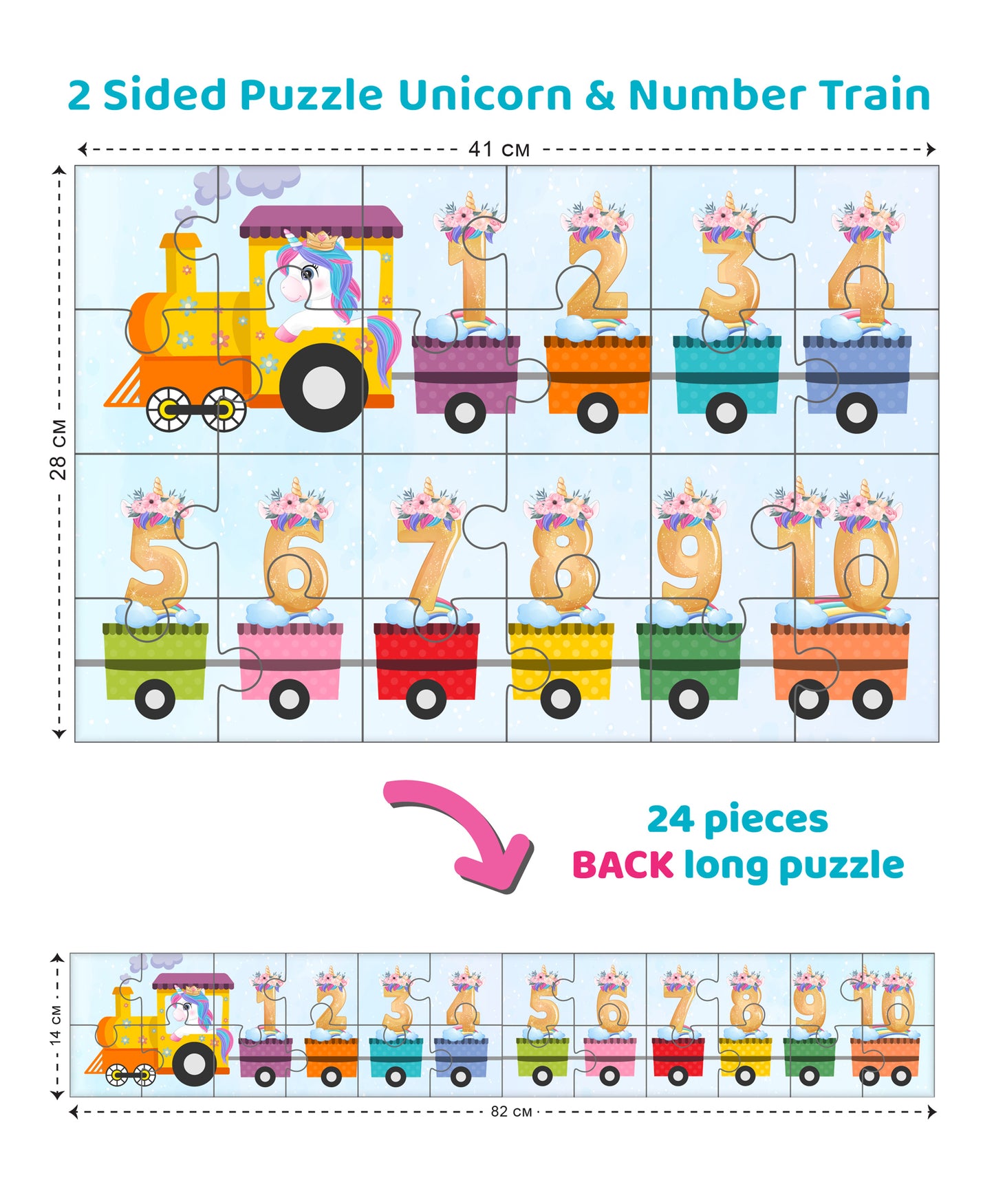 Arjoos | Unicorn & Number Train 2 Sided Puzzle Single Front Puzzle & Back Long Puzzle - 24 Pieces | Birthday Gifts for Kids - Pack of 1