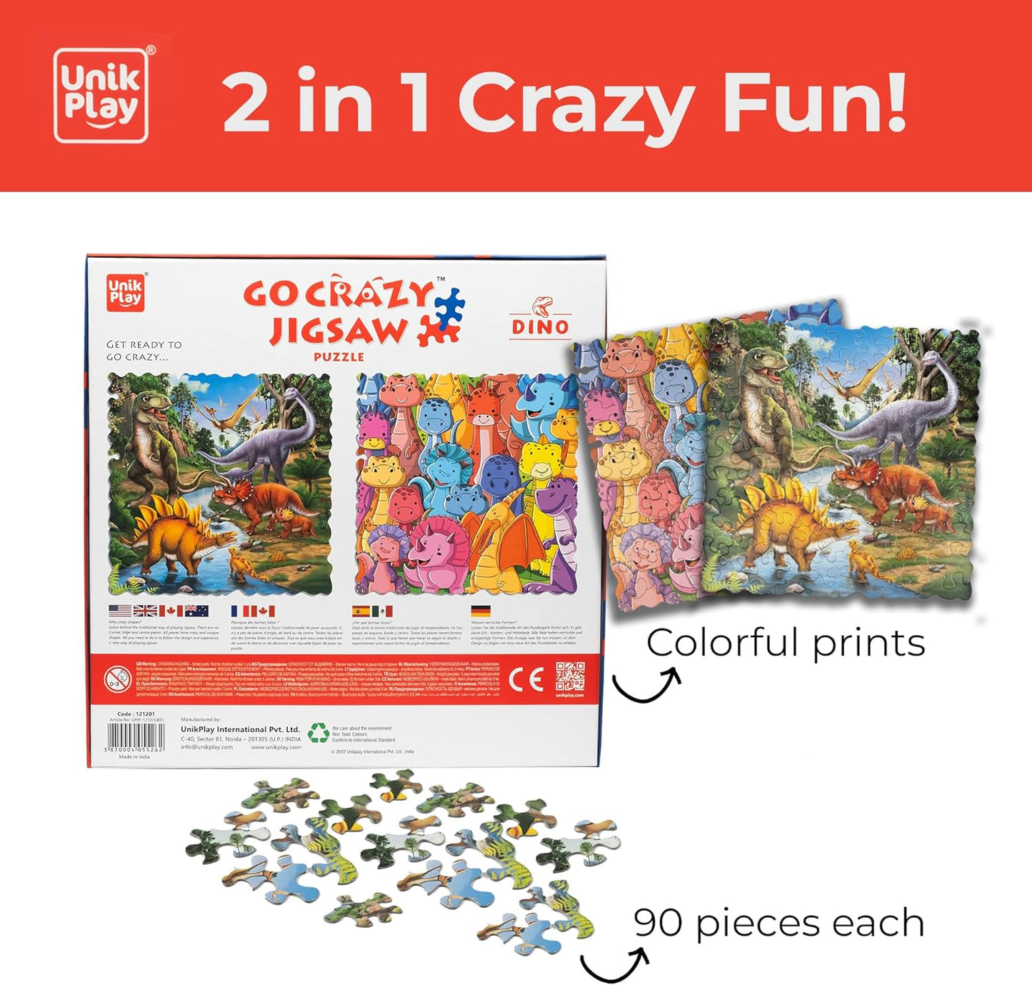 Arjoos | Unik Play Go Crazy Dinosaur Jigsaw Puzzle for Kids | 12x12 inches, 90+90 Puzzle Pieces