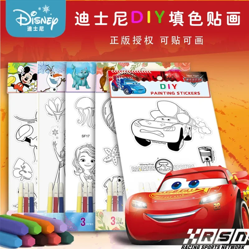 Arjoos | Disney Character Colouring Set - 8 Colour In Sheets,Pencils & Reusable Stickers