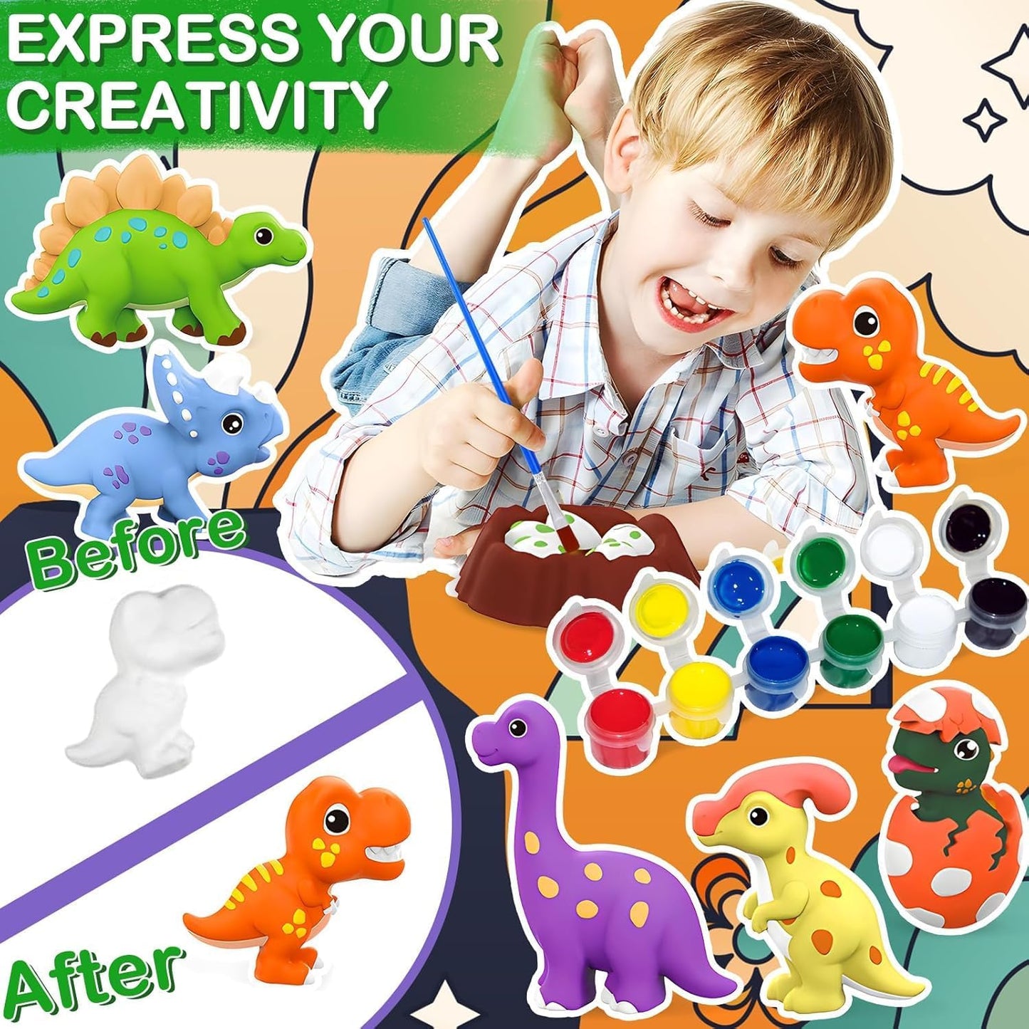 Arjoos DIY Dinosaur Mould And Paint Craft Kit for Kids (4–12) | Plaster Figurine, Clay Art, Fridge Magnet, Educational Toy Gift Set