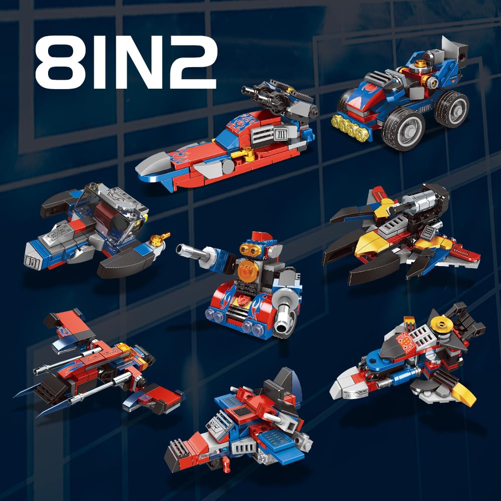 Arjoos | 8-in-2 Transforming Robot Car Building Toys for Boys Ages 8-12 – STEM Robot, Aircraft & Ship Construction Kit – Best Gift for Kids Age 10+, Christmas & Birthday Present | Pack of 1