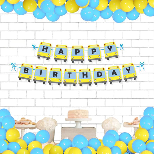 Arjoos | Wheels on the Bus Theme Happy Birthday Banner With Balloons | Wheels on a Bus Birthday Decoration With 1 Happy Birthday Bunting Banner, 20 Balloons | Party supplies Kit For Birthday Parties - 1pcs .