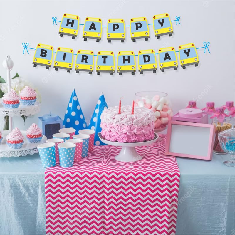 Arjoos | Wheels on the Bus Theme Happy Birthday Banner With Balloons | Wheels on a Bus Birthday Decoration With 1 Happy Birthday Bunting Banner, 20 Balloons | Party supplies Kit For Birthday Parties - 1pcs .