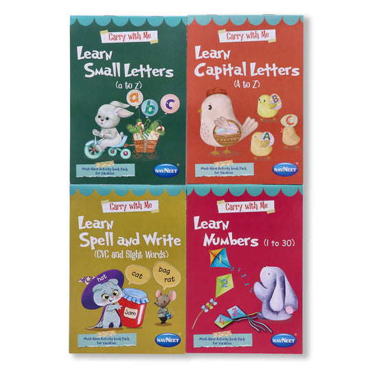 Arjoos | Carry With Me Series Capital Letters, Small Letters, Spell and Write (CVC & Sight Words), Numbers 1 to 30- Kindergarten Kids- For holiday or travel practice | Birthday Return gift for kids - ( Ages- 3+) -Any one book