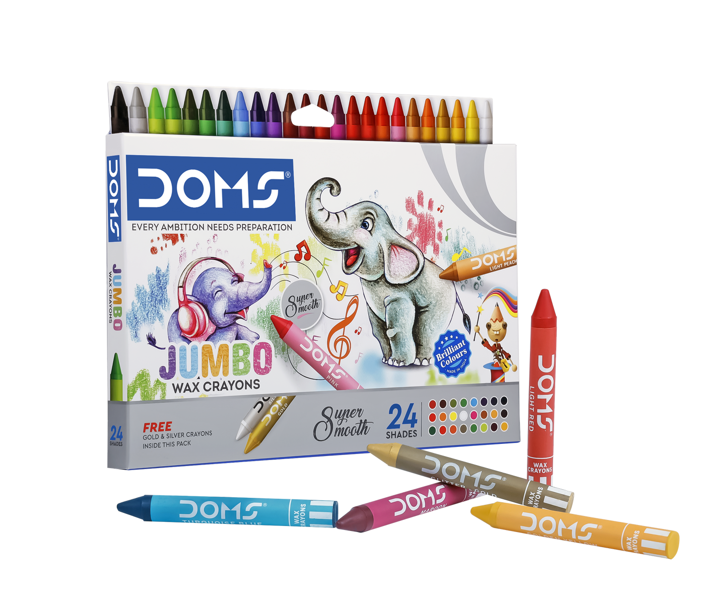 Arjoos | Doms 12 Shades Jumbo Wax Crayons | Smooth & Even Shading | Bright & Playful Colors | Free Silver Crayon Inside | Non-Toxic & Safe for Childrens | Pack of 1