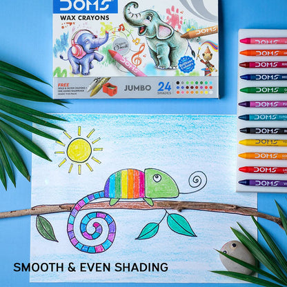 Arjoos | Doms 12 Shades Jumbo Wax Crayons | Smooth & Even Shading | Bright & Playful Colors | Free Silver Crayon Inside | Non-Toxic & Safe for Childrens | Pack of 1
