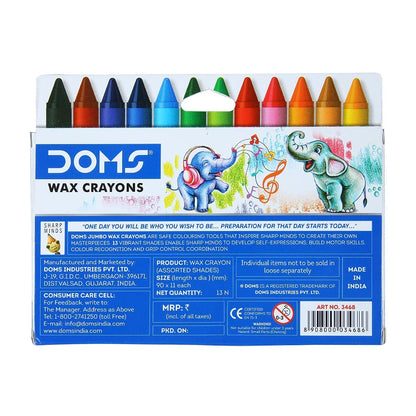 Arjoos | Doms 12 Shades Jumbo Wax Crayons | Smooth & Even Shading | Bright & Playful Colors | Free Silver Crayon Inside | Non-Toxic & Safe for Childrens | Pack of 1