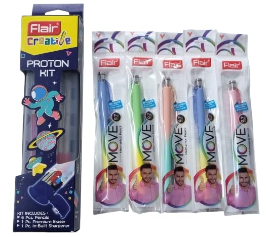 Arjoos | Proton Stationery Kit – 6 Extra Dark 2B Graphite Pencils (Triangular), Built-in Sharpener, Premium Eraser with Scale & 5 Move 0.7mm Mechanical Pencils – Birthday Gift for Kids – Pack of 1