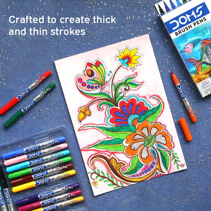 Arjoos | DOMS 14 Shades Brush Pen Box |Super Soft Tip With Brilliant Colours |Water Based Ink Which Gives Water Colour Effect | Birthday Gifts for Kids - Age - 4+Years