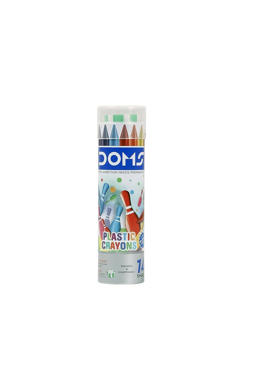 Arjoos |Doms 14 Shades Erasable Plastic Crayons Round Tin Box |Smooth & Even Shading| Bright & Playful Colors |Free Sharpner Inside | Return Gift For Kids - ( Pack of 1 , Multicolour )