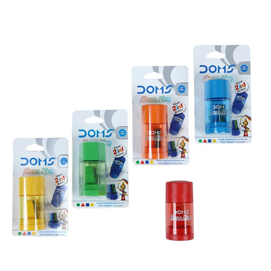 Arjoos | Doms ErasNer Eraser + Sharpner Blister Pack | Durable & Strong Built Quality | Scientifically Angled Blade with Anti-Rust Coating | Birthday Return Gifts for kids - ( Pack of 1 )