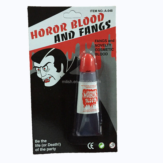 Arjoos | Fake Blood & Vampire Fangs Set – Realistic Halloween Horror Makeup Kit | Scary Costume Accessory for Vampire, Zombie, and Horror Looks | Halloween Party Supplies | Pack of 3