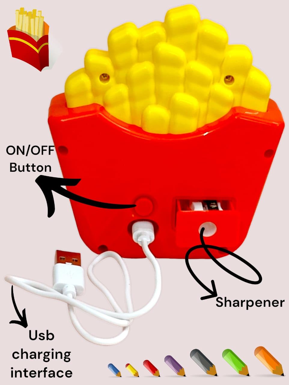 Arjoos | Fries Shaped Desk Light for Kids | Table Night Lamp for Kids Bedroom with Sharpener & Pen Holder Stand for Girls & Boys | Birthday Return Gifts for Kids - Age- 3 +