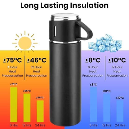 Arjoos | Insulated Vacuum Flask Set with 2 Cups | 500ml Double-Wall Stainless Steel Thermal Flask with 3 Cups | Ideal for Both Hot and Cold Beverages | Birthday Gifts for Kids - Pack of 1 - ( Ages - 3+ )
