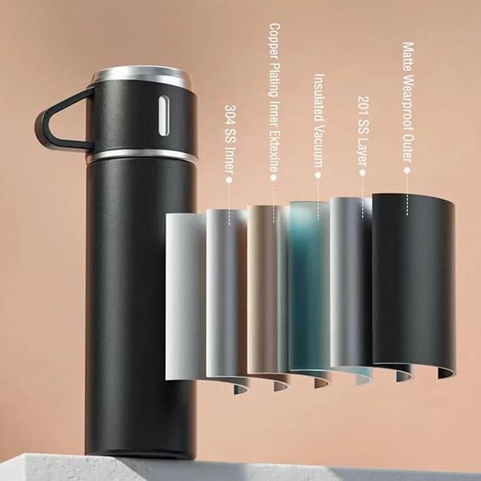 Arjoos | Insulated Vacuum Flask Set with 2 Cups | 500ml Double-Wall Stainless Steel Thermal Flask with 3 Cups | Ideal for Both Hot and Cold Beverages | Birthday Gifts for Kids - Pack of 1 - ( Ages - 3+ )