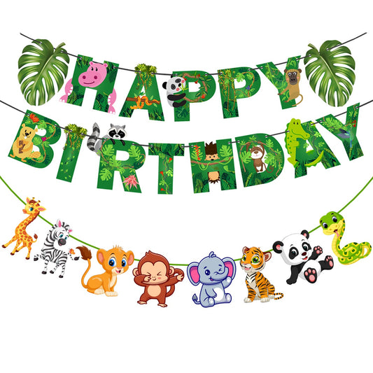 Arjoos | Jungle Safari Happy Birthday Banner for Birthday Parties | Wild One Birthday Decor, Forest Zoo Party Decor, Animal Letters Banner | Banner Decoration | Party supplies Kit For Birthday Parties - 1pcs .