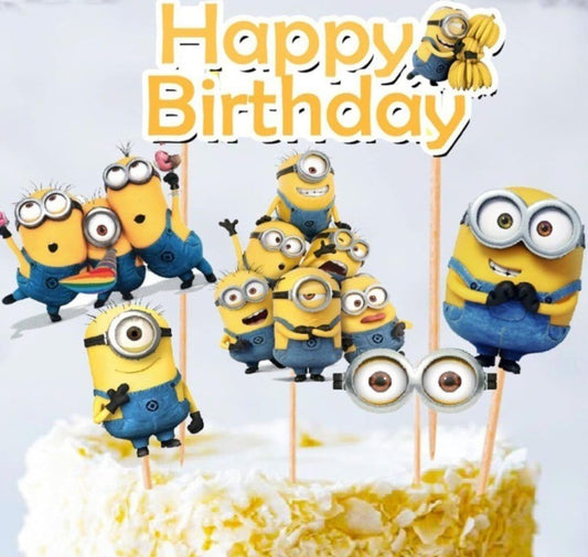 Arjoos | Minions Theme Birthday Cake Topper | 6 Pcs Set | Cupcake Toppers for Boy's, Friends, Brother , children Bday Decorations Items/Cake Accessories, Cards, Tags | Party supplies Kit For Birthday Parties .