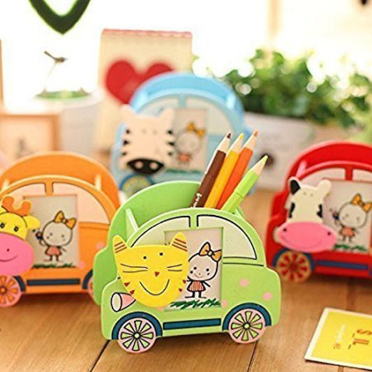 Arjoos | Wooden Car Shape Animal Design Pen Stand  | Pen Stand with Photo Frame | Pen Stand to Decorate On The Table Top for Kids | Birthday Return Gift for Kids - ( Age 3+ ).