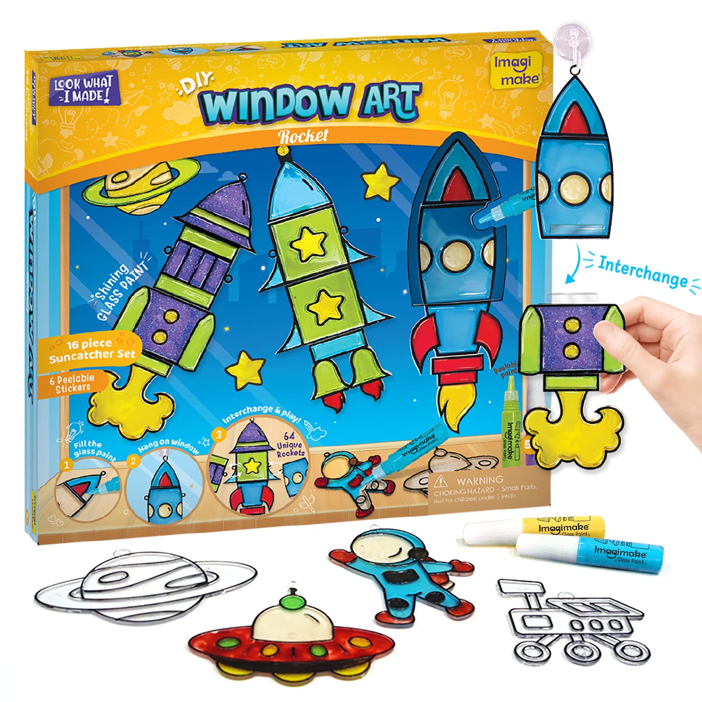 Arjoos | Window Art - Rocket - 16 Pieces Glass Painting Set | Astronaut, Rover, Space Designs - Craft Kit For Boys & Girls - Birthday Gift for Boys & Girls - ( Ages - 5+ )