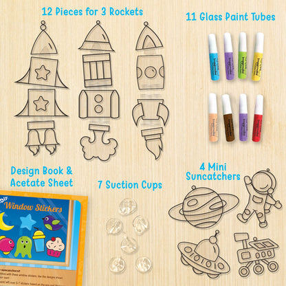 Arjoos | Window Art - Rocket - 16 Pieces Glass Painting Set | Astronaut, Rover, Space Designs - Craft Kit For Boys & Girls - Birthday Gift for Boys & Girls - ( Ages - 5+ )