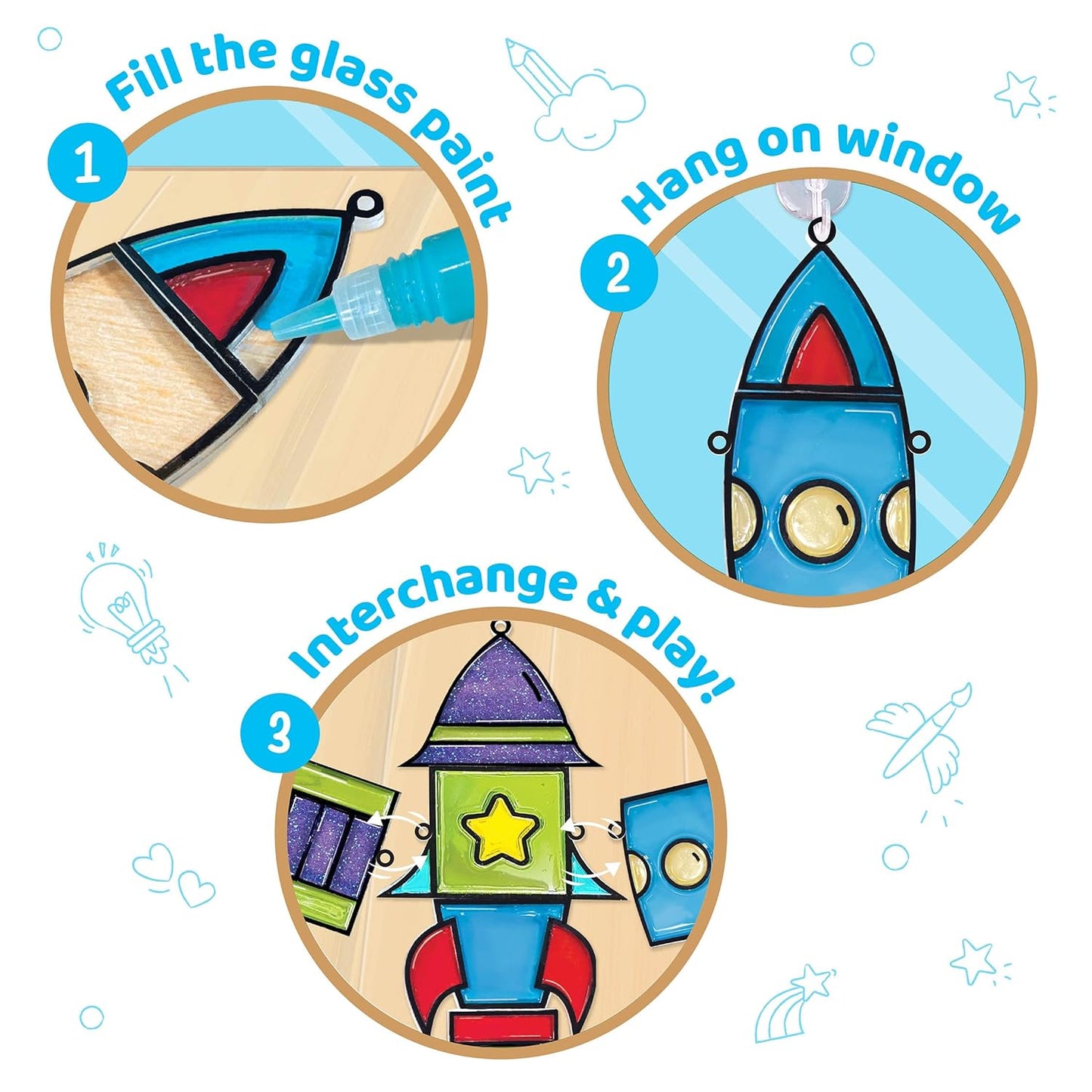 Arjoos | Window Art - Rocket - 16 Pieces Glass Painting Set | Astronaut, Rover, Space Designs - Craft Kit For Boys & Girls - Birthday Gift for Boys & Girls - ( Ages - 5+ )