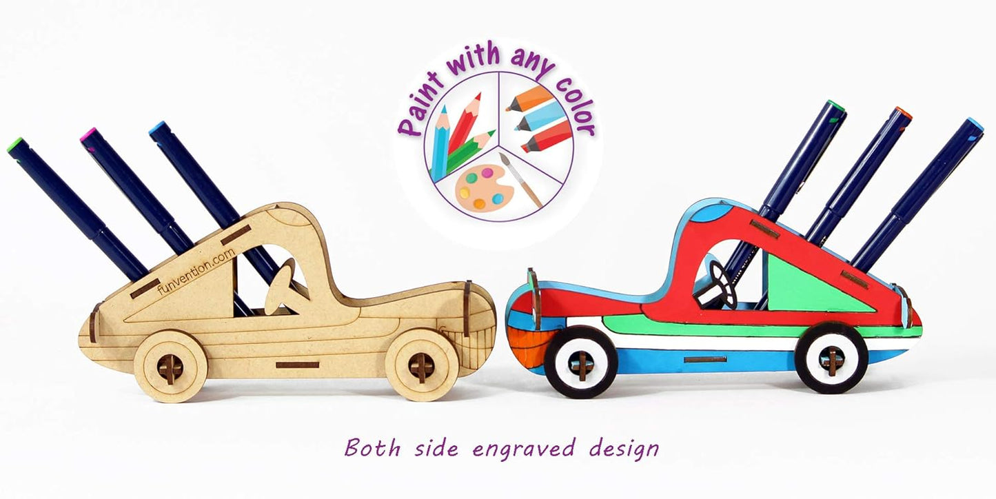 Arjoos | Funvention Car - 3D Colouring Model | DIY Desk Organizer Pen Stand  | Art, Colouring and Painting Kit for Kids | Birthday Gift For Kids - ( Ages - 4+ Years )