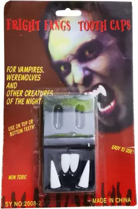 Arjoos | Vampire Devil Teeth for Kids & Adults | Fancy Dress Costume Accessory for Halloween, Prank , Free Size, 2 White Fangs and 2 Blood Capsules kit | Halloween Party Supplies
