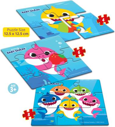 Arjoos | Baby Shark First Puzzles | Contains 3 Cardboard Puzzles Having 4, 6 and 8 Pieces  | Jigsaw  Puzzle  for Kids | Gifts for Boys & Girls ( Ages 3+ ) .