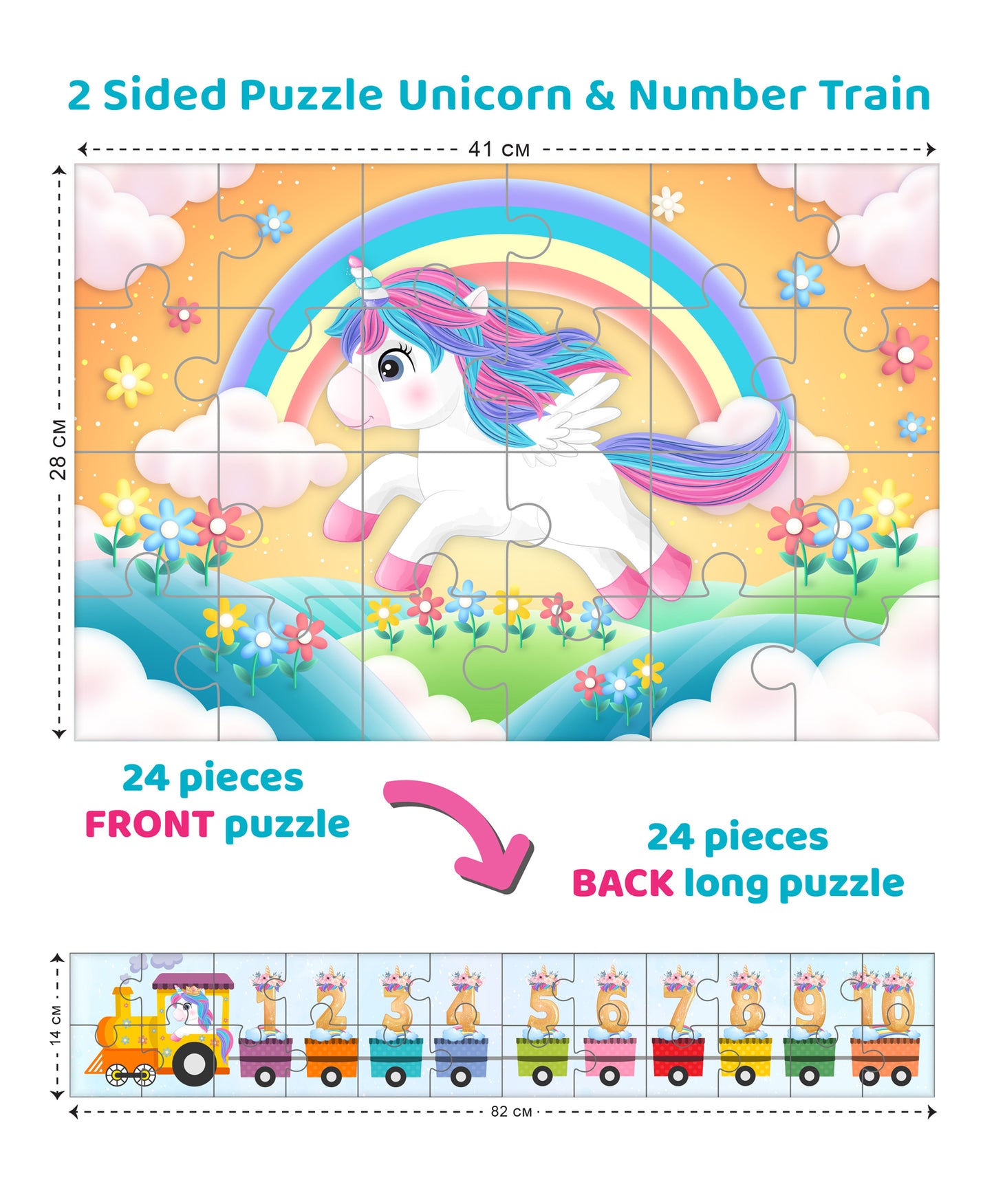 Arjoos | Unicorn & Number Train 2 Sided Puzzle Single Front Puzzle & Back Long Puzzle - 24 Pieces | Birthday Gifts for Kids - Pack of 1