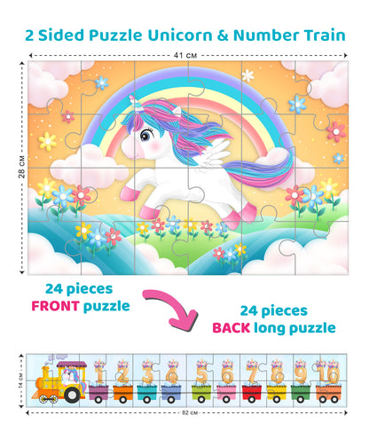 Arjoos | Unicorn & Number Train 2 Sided Puzzle Single Front Puzzle & Back Long Puzzle - 24 Pieces | Birthday Gifts for Kids - Pack of 1