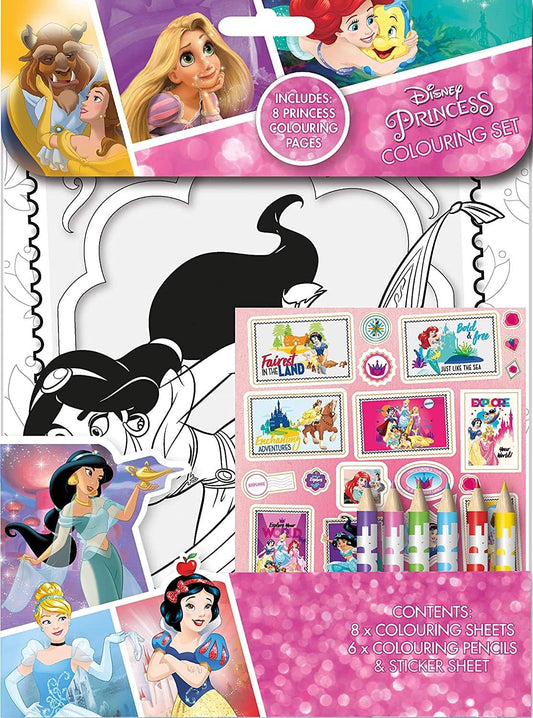 Arjoos | Disney Character Colouring Set - 8 Colour In Sheets,Pencils & Reusable Stickers